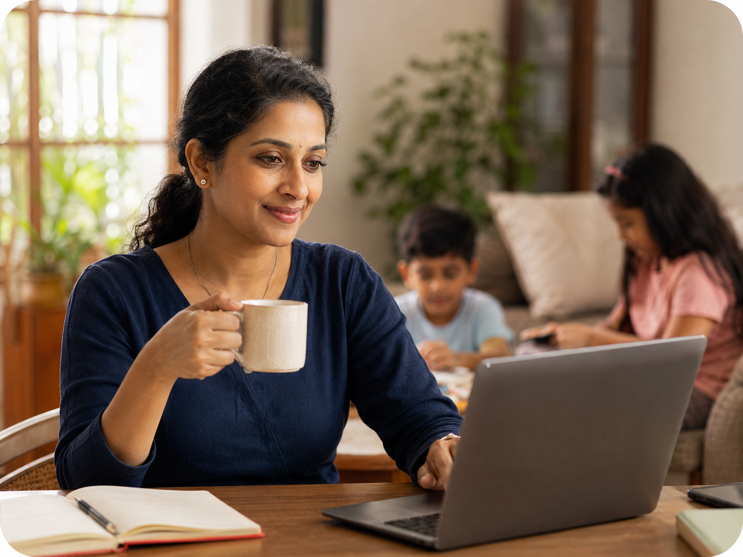 Midlife professional working calmly on a laptop at home while her children study nearby