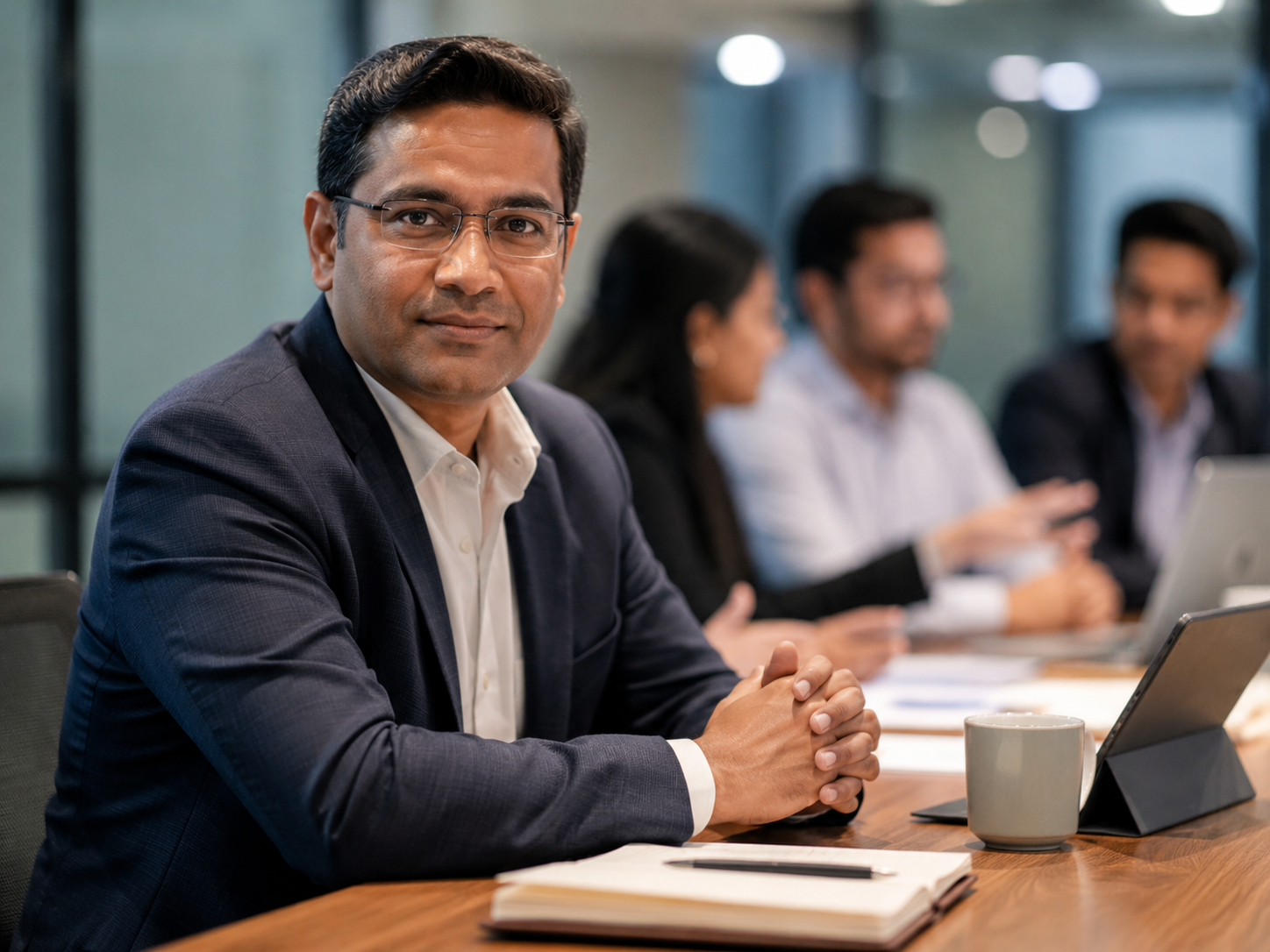 Confident business leader seated at a boardroom table during a team meeting